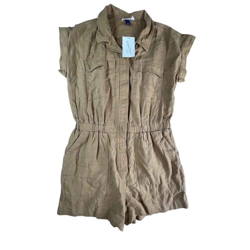 Universal Thread Romper Women 4 Brown Linen Short Sleeve Shorts Button Front NWT